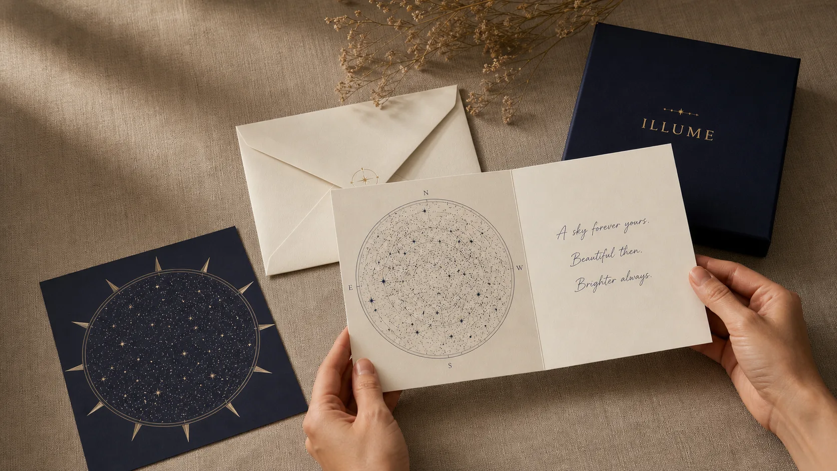 An open Illume star-map card, matching envelope, presentation box, and Astronomical Plate Print on warm linen