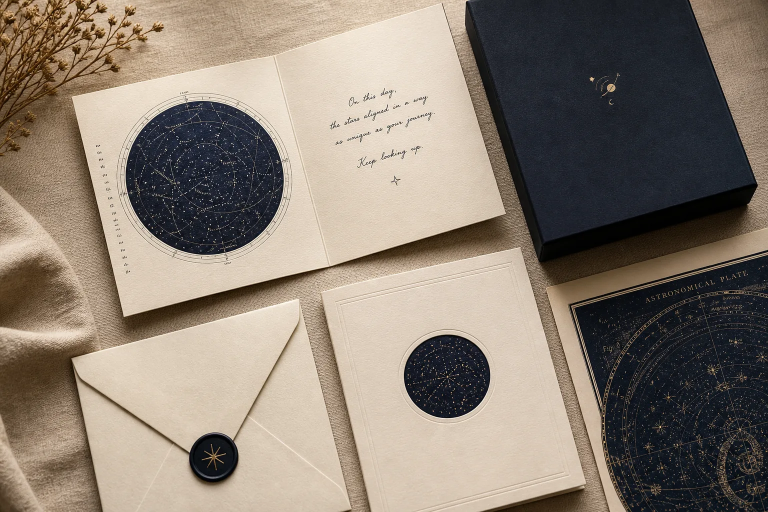 The Illume card, envelope and navy presentation box