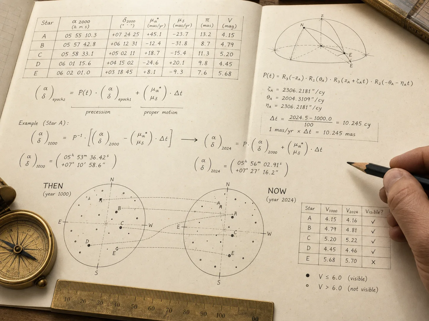 Astronomical equations matching star positions and visibility between then and now