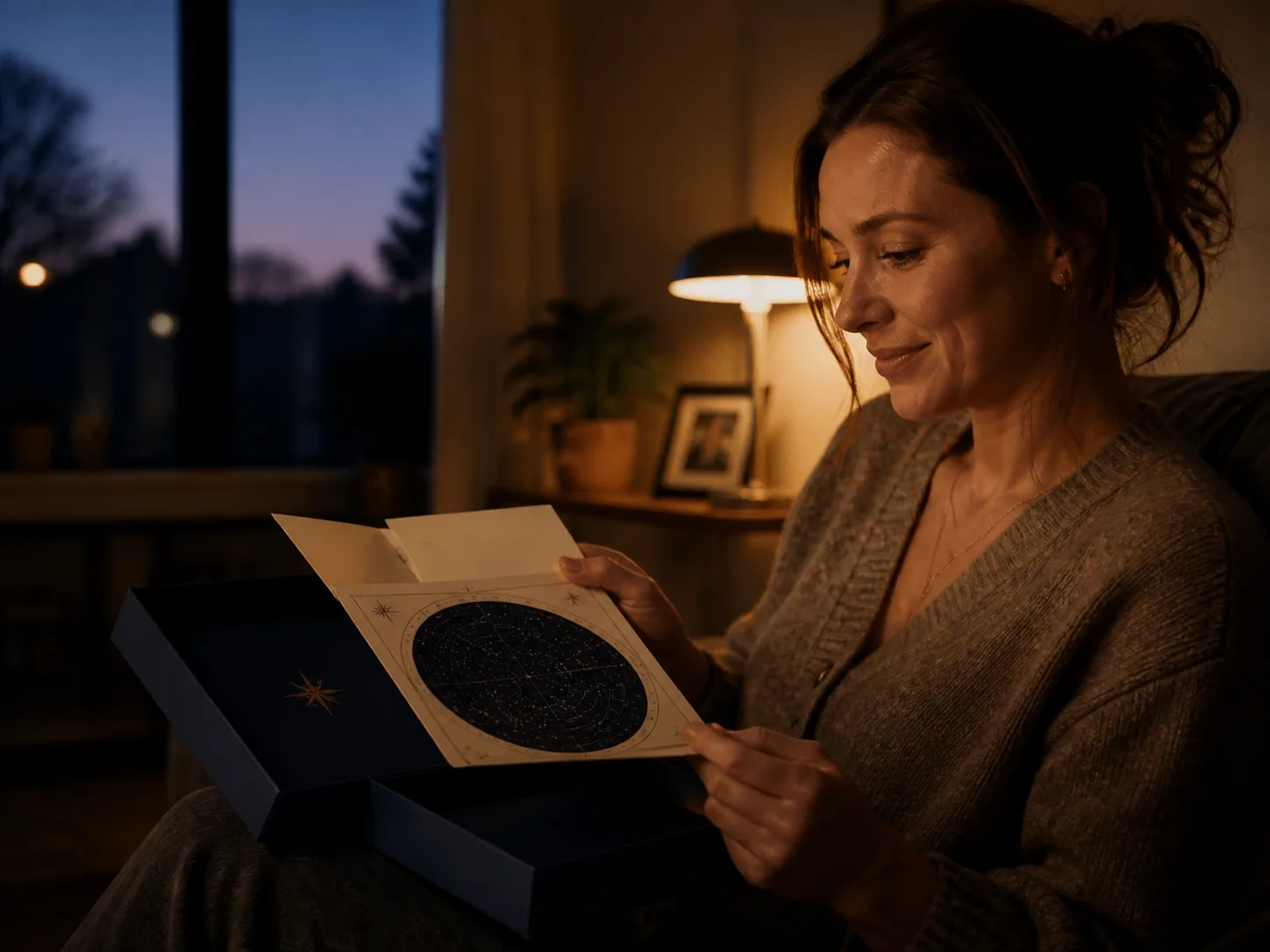 A recipient opening her Illume presentation box and reading the card at dusk