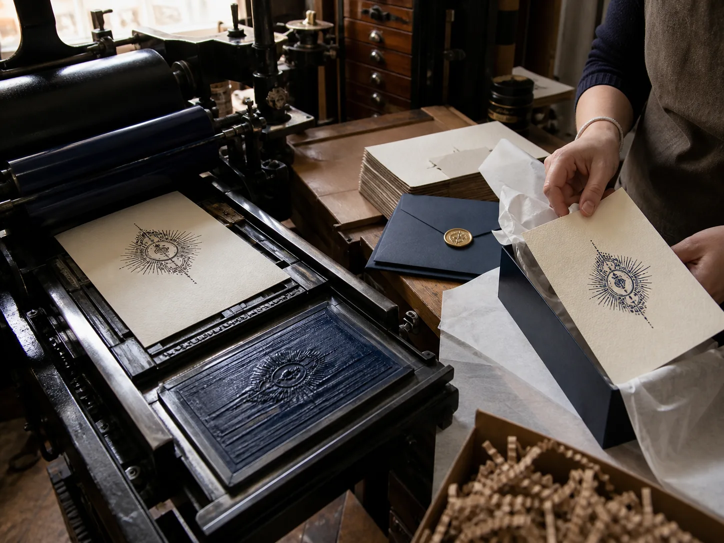 An Illume card being letterpress printed and packed by hand