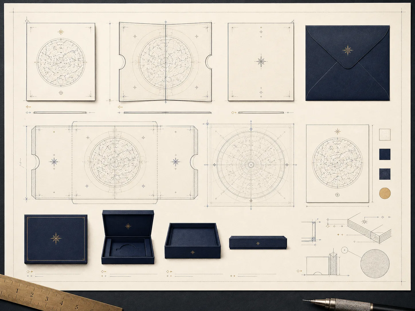 Wireframe construction drawings for the Illume card, envelope, plate, and presentation box