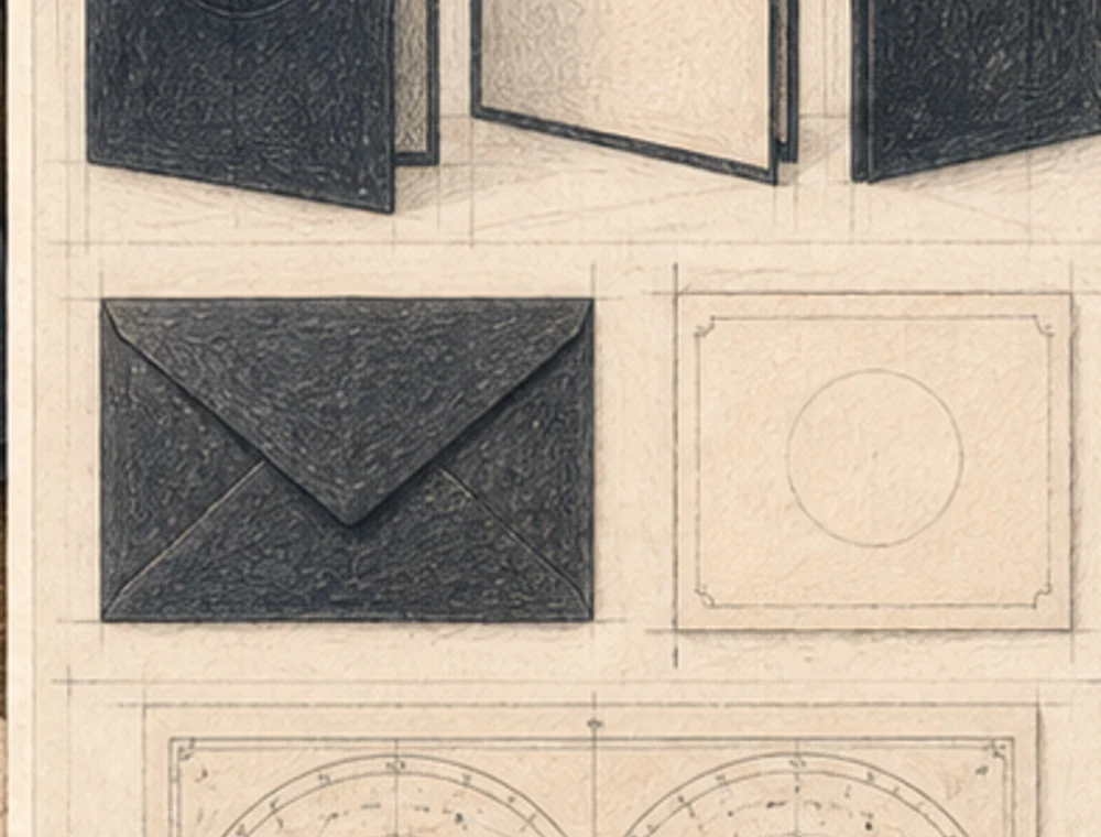 Colored-pencil wireframe of the side-fold card, envelope, plate and box