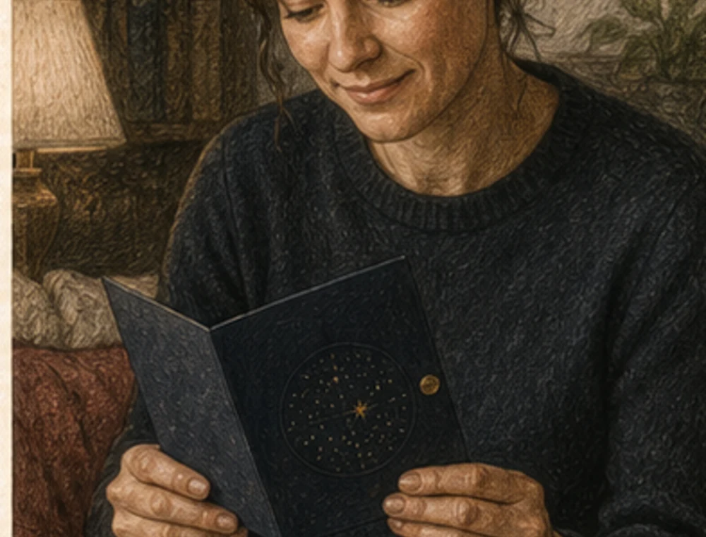 Colored-pencil portrait of a recipient opening an Illume card at home