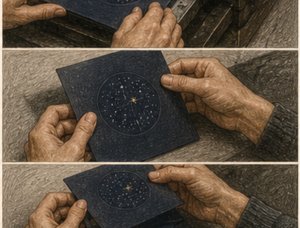 Colored-pencil sequence of letterpress printing, inspection, folding and packing